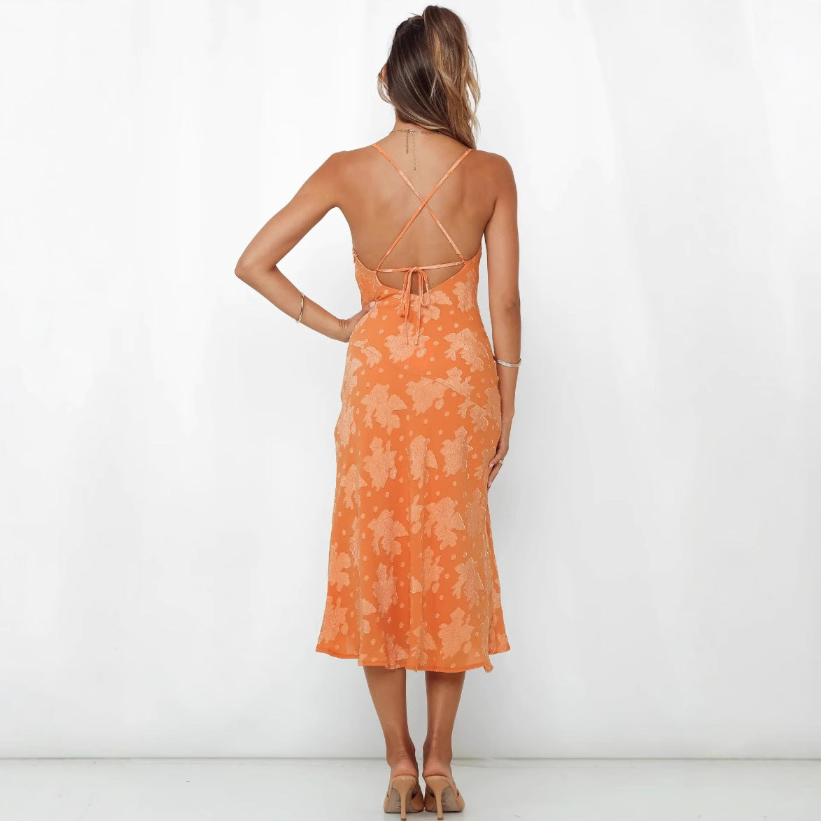 Slim Fit Slit Suspender Skirt Backless Dress