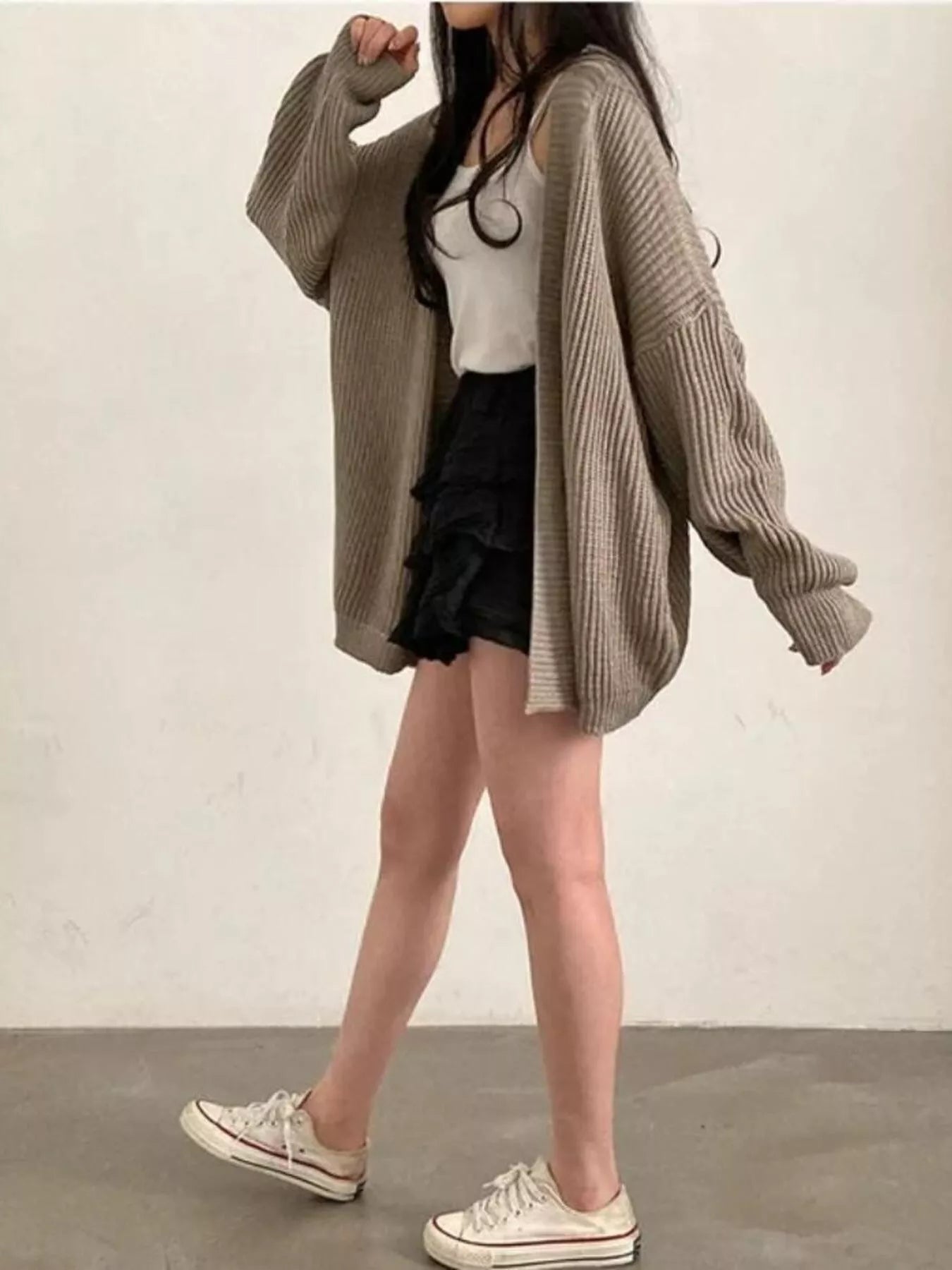 Model wearing Open Front Oversized Knit Cardigan outfit