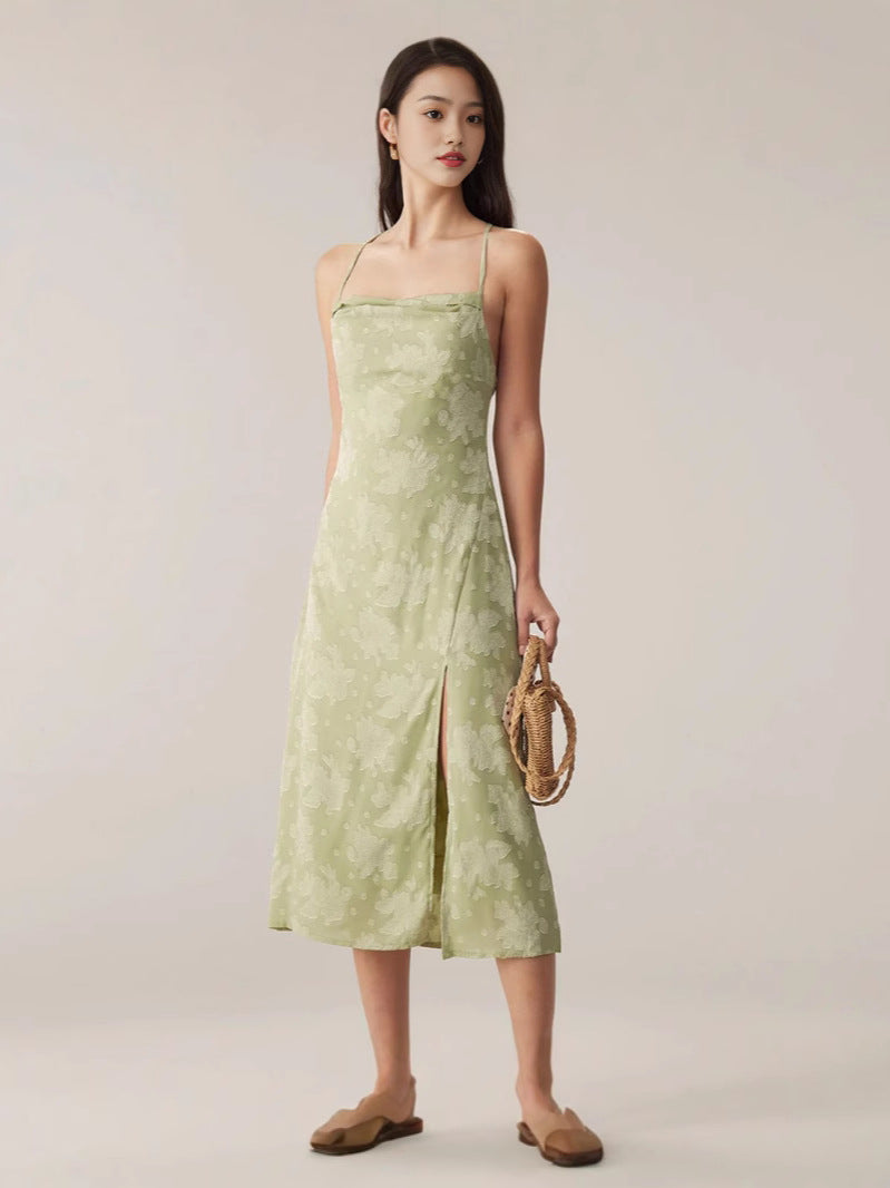 Slim Fit Slit Suspender Skirt Backless Dress