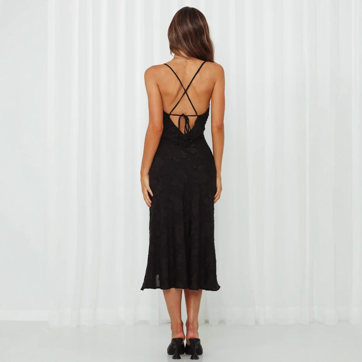 Slim Fit Slit Suspender Skirt Backless Dress