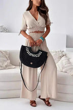 Surplice Short Sleeve Top and Pants Set front view