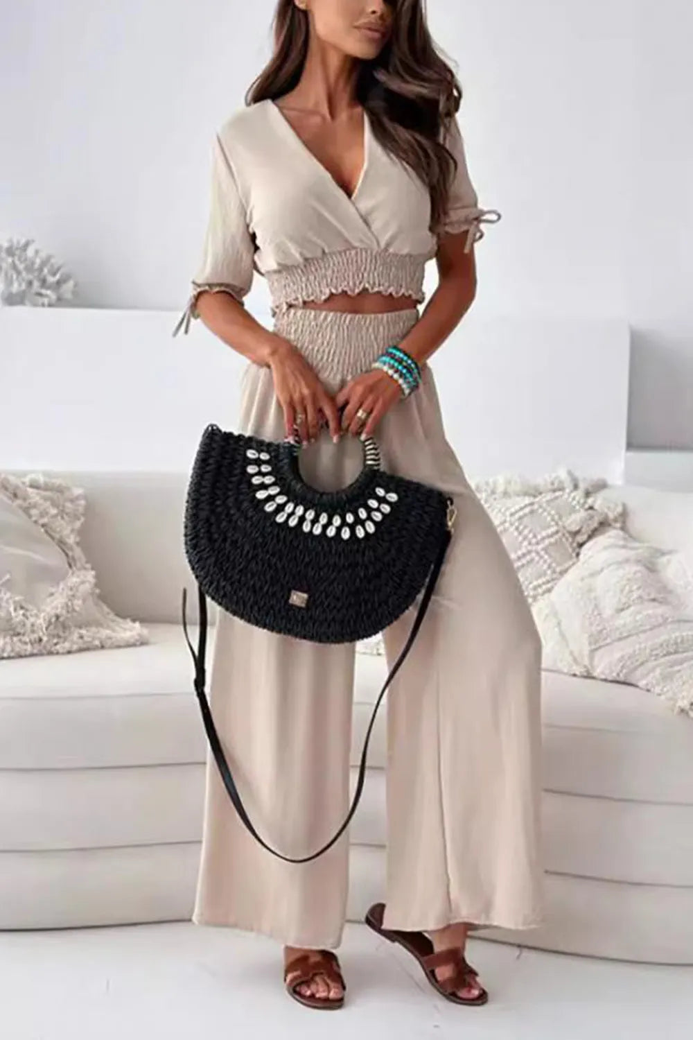 Surplice Short Sleeve Top and Pants Set front view