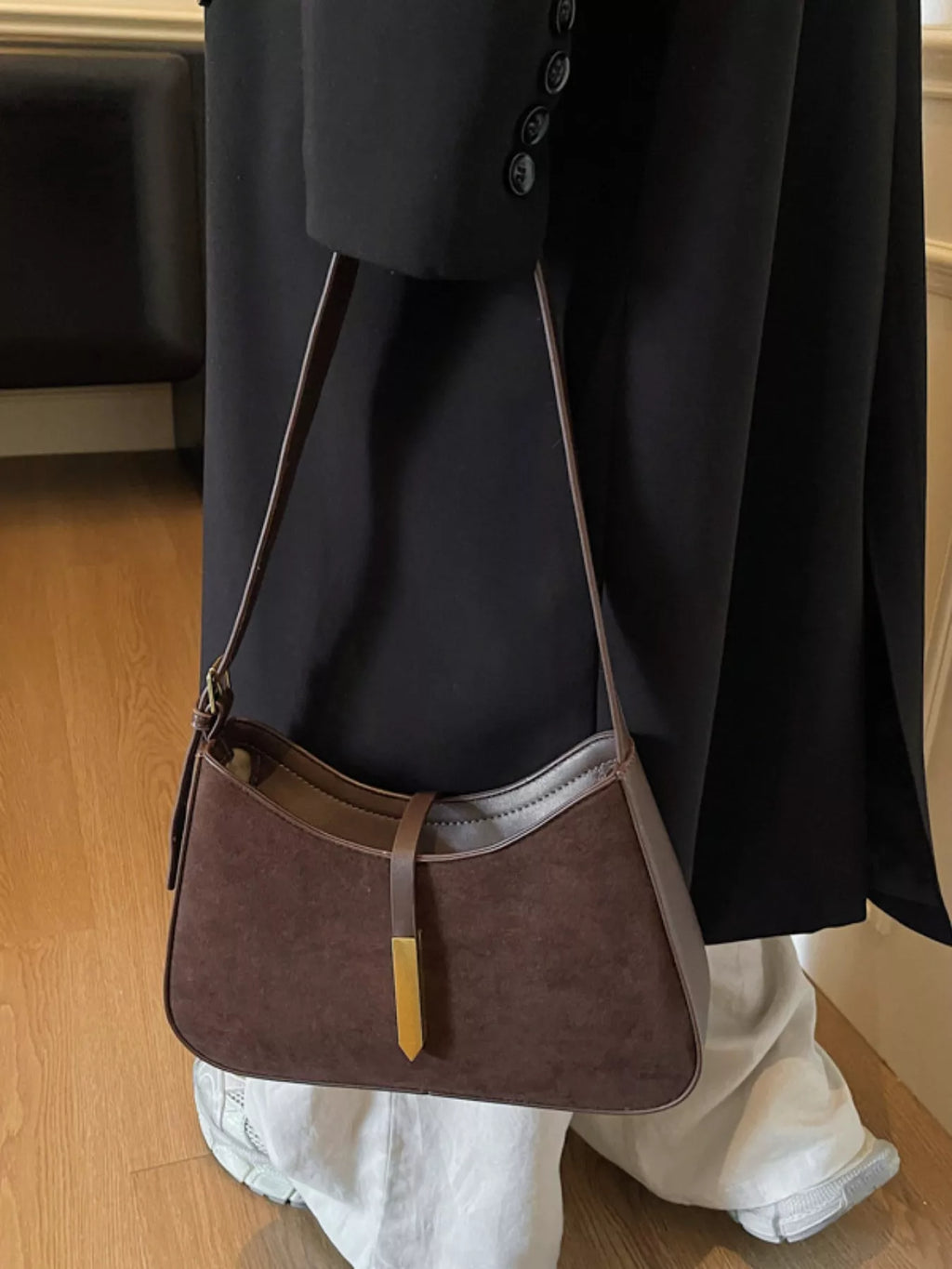 Chic Adjustable Strap Shoulder Tote Bag styled with outfit on model